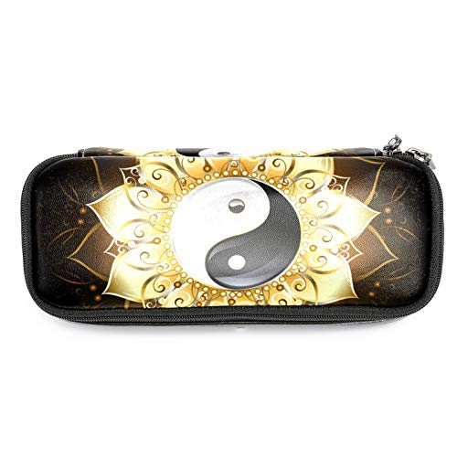 Yin Yang símbolo de loto con pétalos de oro de 84 x 139 cm de cuero estuche para lápices con doble cremallera bolsa de almacenamiento para escuela, trabajo, oficina, niños y niñas