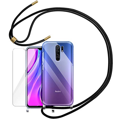 YIRSUR Funda con Cuerda Compatible con Xiaomi Redmi 9+ Cristal Templado Protector de Pantalla, Carcasa Transparente TPU Suave Silicon Colgante Ajustable Compatible con Xiaomi Redmi 9