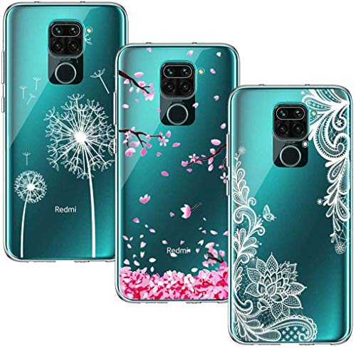 Yoowei [3-Pack] Funda Compatible con Xiaomi Redmi Note 9, Transparente con Dibujos Ultra Fino Suave TPU Silicona Protector Carcasa (Flor de Cerezo + Flor Blanca + Diente de León)