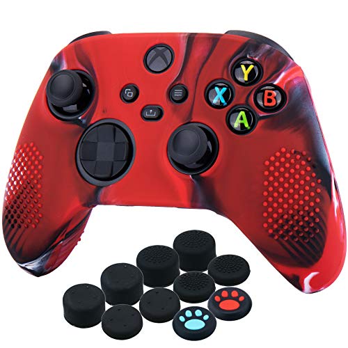 YoRHa Silicona Funda Piel Carcasas Cubierta para Xbox Series X/S Mando x 1 (Rojo Camuflaje) con Agarres para el Pulgar x 10