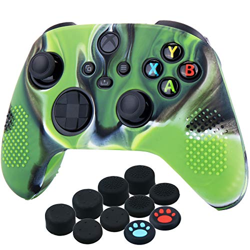 YoRHa Silicona Funda Piel Carcasas Cubierta para Xbox Series X/S Mando x 1 (Verde Camuflaje) con Agarres para el Pulgar x 10