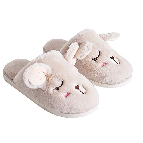 YQQMC Pantuflas de invierno con manta de peluche, de algodón con diseño de cómic, despertador, con fondo antideslizante para mujer, suela antideslizante, color beige, tamaño: 26 cm