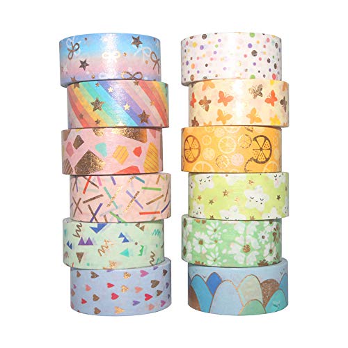 YUBBAEX Washi Tape Set cinta adhesiva decorativa Washi Glitter Adhesivo de Cinta Decorativa para DIY Crafts Scrapbooking (Lámina de oro 15MM de ancho 12 Rollo)