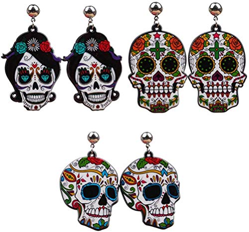 Yubge - 3 pares de pendientes de calavera de Halloween, decoración de oídos para mujer, acrílicos, elegantes pendientes de lágrima para jugar a rol, fiesta de disfraces