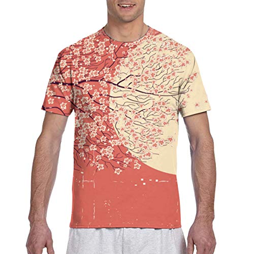 Zhgrong Camisetas de Hombre Cherry Blossom Sakura Ramas de árbol en la Luna Ilustración de Estilo japonés Coral Amarillo Ciruela para Hombre Athlet