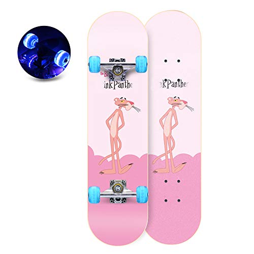 Zhong Skateboard Monopatín Profesional De 31 Pulgadas Con Ruedas LED, Adecuado Para Niños, Niñas, Niños, Adolescentes Y Adultos (ruedas Delanteras Intermitentes De Pantera Rosa Arena De Color Frontal)