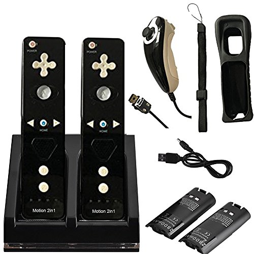 2X Build in Motion Plus Wireless Remote Controller & 2X Nunchuk Controller & 1x Charging Dock Controller Includes 2 Pcs of 2800mAh Battery Pack for Nintendo Wii & Wii U (Design-B Black/Blue)