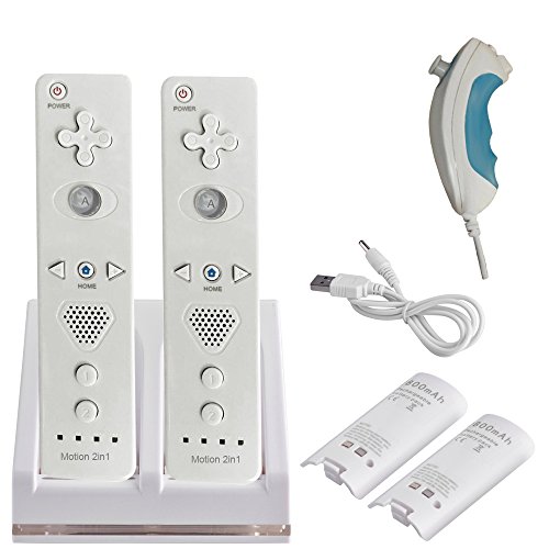 2X Build in Motion Plus Wireless Remote Controller & 2X Nunchuk Controller & 1x Charging Dock Controller Includes 2 Pcs of 2800mAh Battery Pack for Nintendo Wii & Wii U (Design-A White/Black)