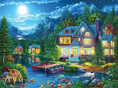 5D Diamante Pintura,Cabaña Moonlight Forest Diamond Painting,Bordado de Punto de Cruz imágenes Arte Manualidades Ideal para Bordado Decorativo de Pared 40x50cm