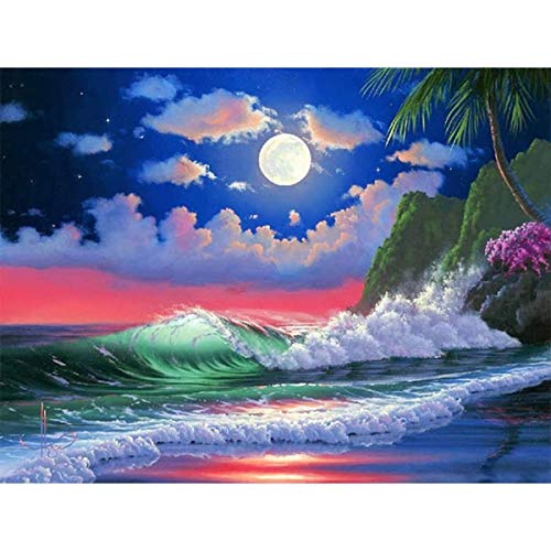 5D Pintura Diamante,Playa Moonlight Diamond Painting 30x40cm,Kit de Pintura con Diamantes, Kit de Diamantes Bordados decoración de Pared