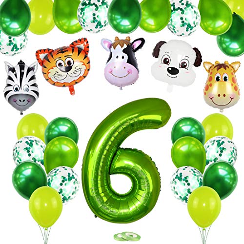 6 Años Selva Fiesta de Cumpleaños Decoracion, 6 Años Cumpleaños Decoración Set con Foil Globo Número 6 Verde y Bosque Animal Globos para Niño Niña 6er Cumpleaños Baby Shower