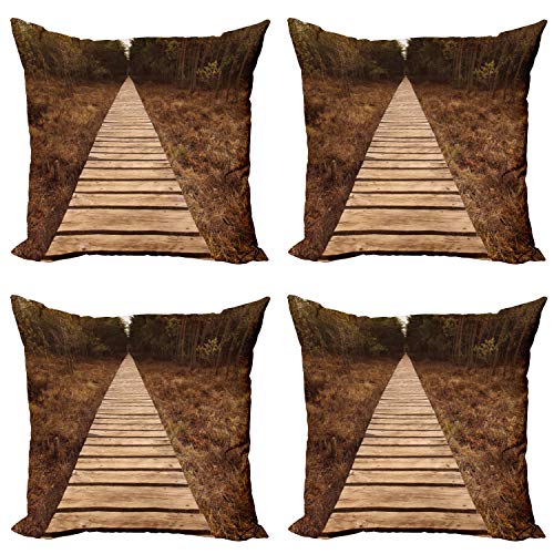 ABAKUHAUS Bosque Set de 4 Fundas para Cojín, Madera Senda Aventura, Estampado Digital en Ambos Lados y Cremallera, 40 cm x 40 cm, marrón Verde