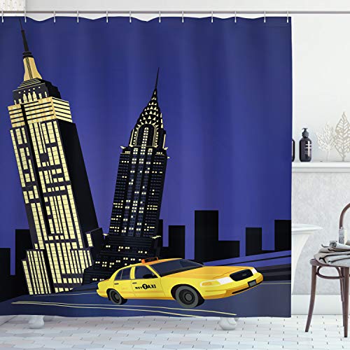 ABAKUHAUS Ciudad Cortina de Baño, Taxi de Nueva York American, Material Resistente al Agua Durable Estampa Digital, 175 x 180 cm, Violeta Azul Negro Amarillo