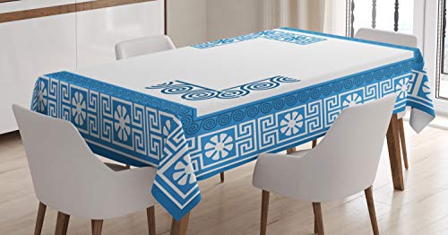 ABAKUHAUS dominante Griego Mantele, Fret Floral de la Vendimia, Estampa Personalizada con Colores Firmes Lavable No Destiñen, 140 x 240 cm, Azul Blanco