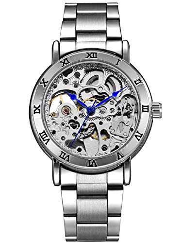 Alienwork Reloj Mecánico Automático Relojes Automáticos Mujer Hombre Acero Inoxidable Plata Analógicos Unisex Impermeable Esqueleto