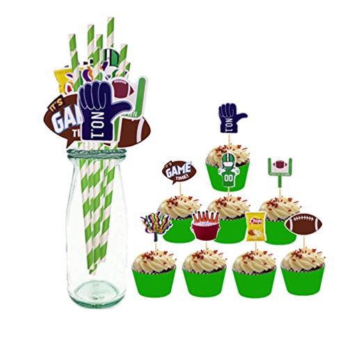 Amosfun Decoración de Fiesta de Super Bowl Suministros de Fiesta de Fútbol Rugby Soccer Game Time Cake Toppers Pajas de Papel 16Pcs