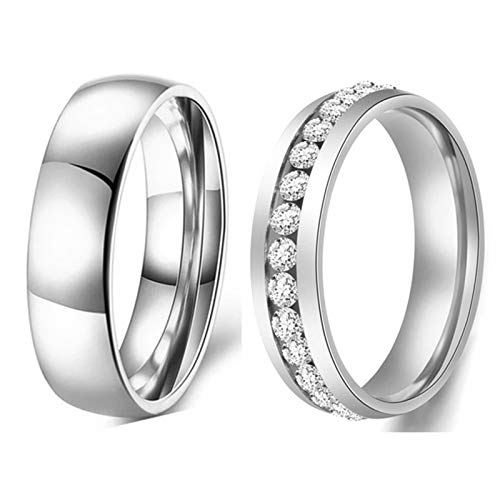 AnazoZ Anillo Acero Inoxidable Compromiso Parejas Plata Redondo Pulido con Circonita Blanca Talla Mujer 22 & Hombre 9,5