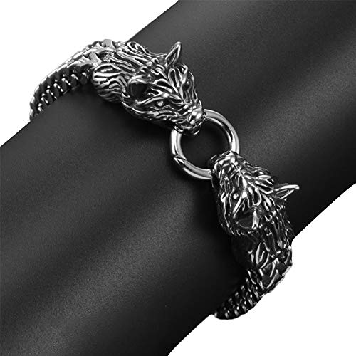 AQzxdc Pulsera de Cabeza Lobo Doble Vikingo para Hombre, Fenrir Celta de Acero Inoxidable Nórdico con Cadena Bordillo de Eslabones Brazalete Amuleto Joyería Pagana Vintage,19CM