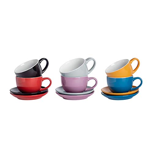 Argon Tableware 12 Piezas de Color Cappuccino y platillo Set - té de Porcelana Estilo Moderno y Tazas de café - 6 Colores - 250ml