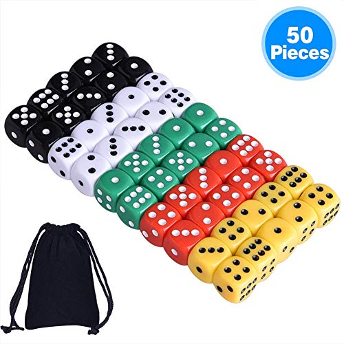 AUSTOR 50 Piezas 6 - Sided Dice Set, 5 x 10 Colores Diferentes 16mm acrílico Dados con Free Velvet Bolsas para Tenzi, Farkle, Yahtzee, Bunco o la enseñanza de Las matemáticas