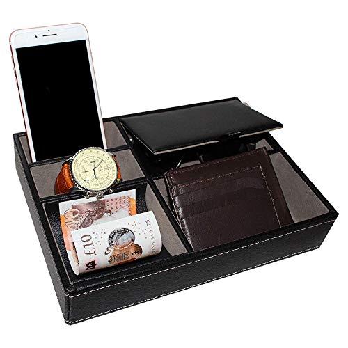 Bandeja Valet - 25x18cm Bandeja Multifunción con 5 Compartimentos de Cuero Sintético - Accesorios para Hombres - Almacenamiento Cuero Sintético para Gemelos, Reloj, Teléfono, Joyas