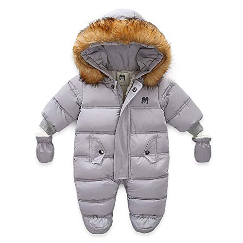 Bebé Mono Invierno para Recién Nacido Mameluco de Manga Larga y Capucha con Botines y Guantes Traje de Nieve con Relleno de Algodón Ropa de Una Pieza para Niños Niñas (Gris, 9-12 Meses)