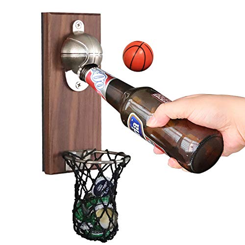 BelonLink Abrebotellas de Pared Vintage, Abridor de Botellas de Madera con Estilo Retro, Magnético Gorra de Baloncesto Banda, abrelatas Colgante y Tenedor de la Tapa