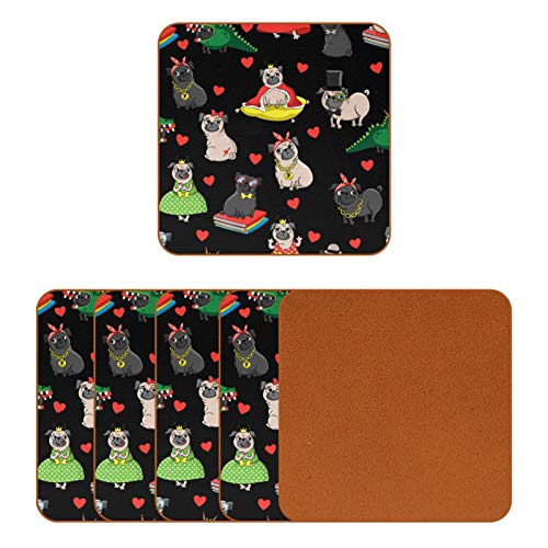 BENNIGIRY Gracioso Perro Pug Princesa Reina Rey Caballeros Posavasos de Cuero Taza de café Cuadrada Taza de Vidrio Manteles Individuales Tapetes para Tazas Manteles Individuales 6 PCS