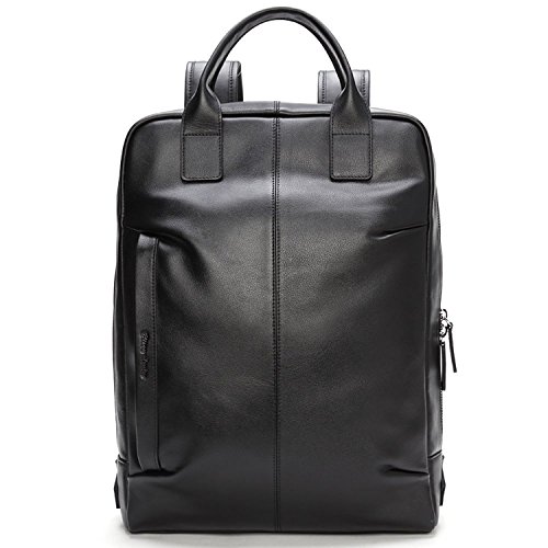 BISON DENIM Mochila de cuero genuino de la moda de la escuela que acampa bolso de viaje mochila hombro portátil para hombres y mujeres (N2695-Negro)