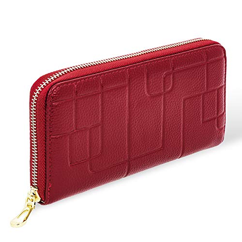 BLUZELLE Cartera de Cuero Auténtico para Mujer, Monedero Organizado para Medios de Pago, Tarjeta y Smartphone, Nuevo Diseño de Moda, Color:Rojo Vinoso