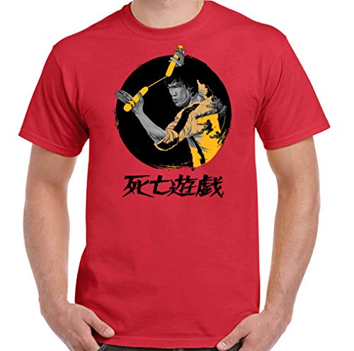 Bruce Lee T-Shirt Mens Game of Death Movie MMA Martial Arts Jeet Kune Do tee Top,Red,L