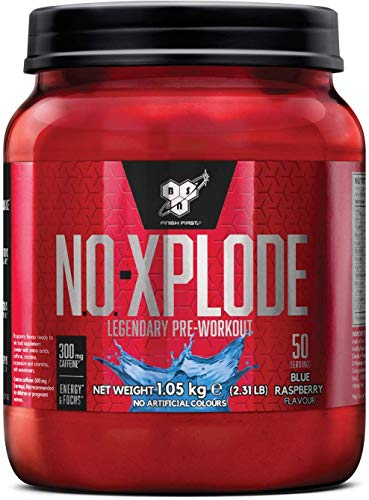 BSN Nutrition N.O.-Xplode, Suplementos Deportivos Pre Workout en Polvo con Creatina Monohidrato, Cafeina, Beta Alanina, Vitamina D y Vitamina B Complex, Frambuesa Azul, 50 Porciones, 1 kg