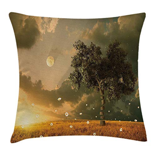 Butlerame Funda de Almohada de fantasía, Vista con Tierra, Flores voladoras, árbol, Luna, Nubes oscuras y Sol poniente, 45 x 45 cm, Verde y Amarillo