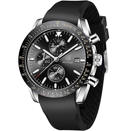 BY BENYAR Reloj para Hombre Cronógrafo de Cuarzo analógico con Correa de Silicona/Acero Inoxidable BY-5140M (Rubber Negro Plata)