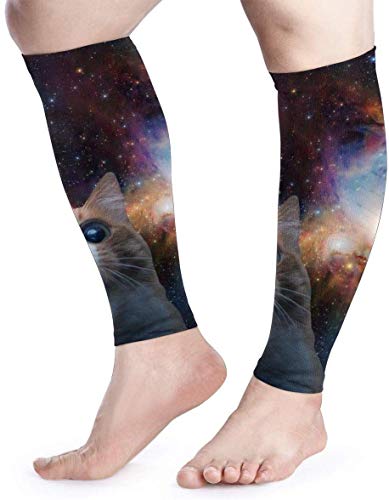 Calf Compression Sleeve for Men & Women, Premium Leg Compression Socks for Shin Splints and Varicose Veins, Elastic Footless Sleeve for Running, Cycling, Travel & Recovery, Space Cat Fashion2611