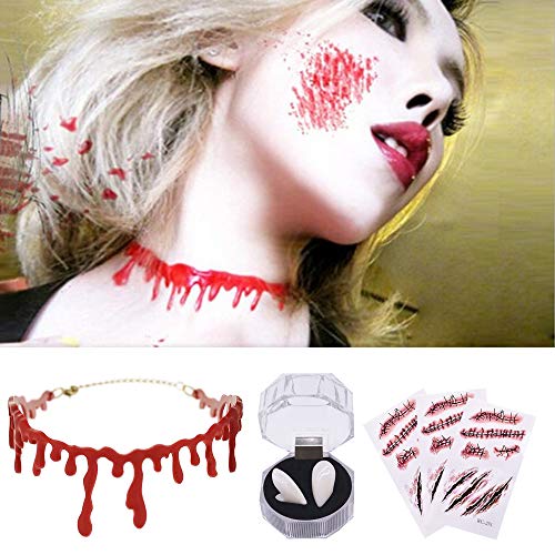 Collar de goteo de sangre, 3 piezas de cicatrices de zombies, tatuajes de heridas, pegatinas con sangre y dentaduras de dientes de vampiro zombi para Halloween