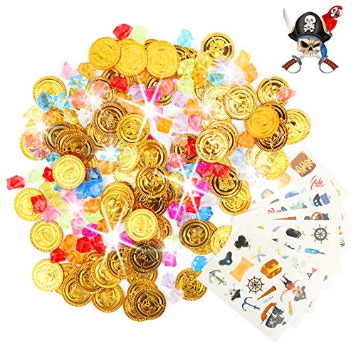 Colmanda 100 Piezas Gemas Pirata + 100 Piezas Plastico Monedas de Oro Piratas + 8 Pegatinas, Gemas Piratas del Tesoro Pirata para Fiestas