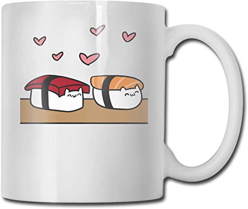 Corazón de dibujos animados Lindo Salmón Sushi Taza de café blanca de cerámica única Taza de té para la oficina Hogar Diversión Novedad Regalo 11 Oz Taza de bebida divertida para hombres Mujeres