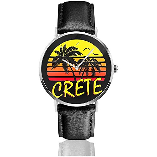 Crete Vintage Sun Watches Reloj de Cuero de Cuarzo con Correa de Cuero Negra para Regalo de colección