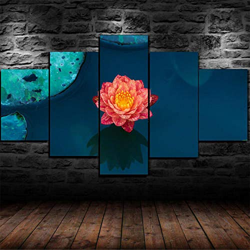 Cuadros En Lienzo Modernos Impresión De Imagen Artística,Arte Decorativos Mural,Para Hogar Salón Dormitorio Baño Cocina Decoración Pared Abstracto 5 Piezas Hermoso Plan Flor Loto,200X100Cm Regalo