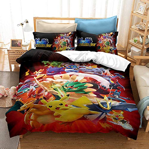 DESCENDANTS 3D Printed Pokemon Tournament Bedding Pikachu Charizard Anime Duvet Cover Set for Boys Girls Teens 1 Duvet Cover + 2 Pillow Shams Queen Size