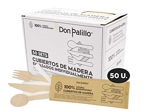 Don Palillo - Sets de Cubiertos de Madera Desechables envasados en Papel Kraft. Cada Set Contiene 1 Tenedor + 1 Cuchillo + 1 Cuchara + 1 servilleta de Papel + 1 palillo env. Ind. Total 50 Sets