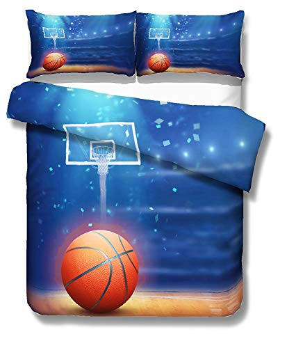 EU-VV Juego De Cama Funda Nórdica Microfibra Cepillada 3D Vida del Baloncesto Niños Niño Y Niña 1 Funda Nórdica + 2 Funda De Almohada 50x75cm ((150x200cm)-Cama de 90,Azul)