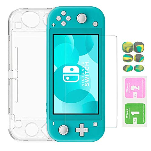 EXTSUD Funda para Nintendo Switch Lite Estuche Protector Ultrafina de Silicona y Transparente con Protector de Pantalla de Vidrio Templado, 6 Tapas Antichoque y Antiarañazos