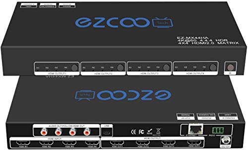 EZCOOTECH HDMI Matrix 4 en 4 salidas 4K 60Hz 4:4:4 HDR Salida de audio coaxial HDCP 2.2 HDMI 2.0 Matrix 4x4 18Gbps con control remoto IR, control IP, RS232, MX44-HA