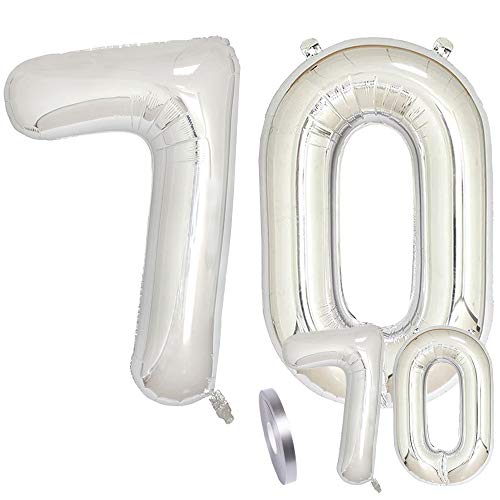 Globos Número 70 Cumpleaños XXL de Plata-Figuras Helio Globo de lámina gigante en 2 tamaños 40"y 16" | Set XXL 100cm+Mini 40cm version Decoraciones de cumpleaños |Ideal para el 70 Años como decoración