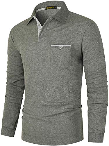 GNRSPTY Polo Manga Larga Hombre Algodon Slim Fit Camisetas Colores de Contraste con Bolsillos Reales Basic Golf Deporte Negocios T-Shirt Top,Gris,XL