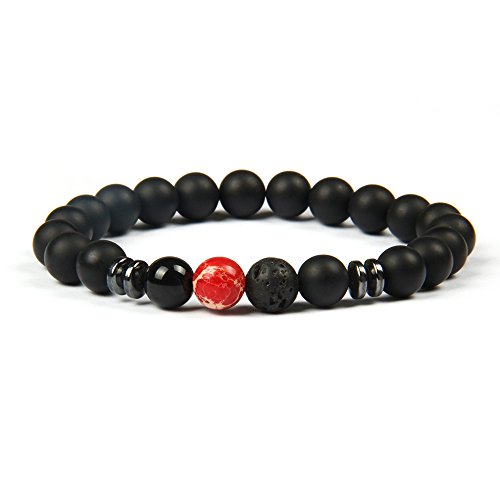 Good.Designs ® Pulsera Hombre Chakra (Pulsera energia) Pulsera de Bolas Negro para Hombre (Pulsera Onix Hombre) (Mármol Rojo)