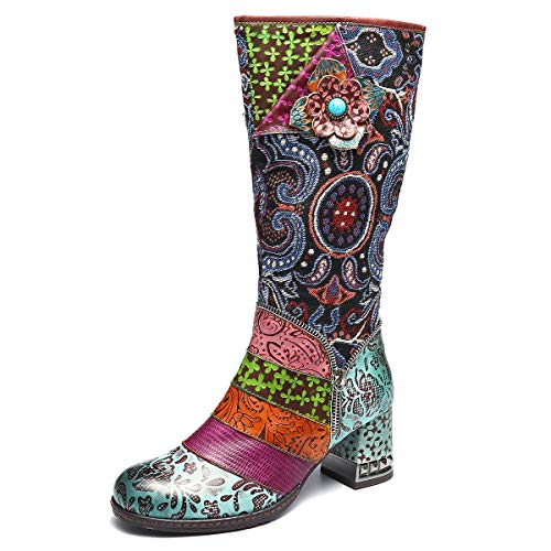 gracosy Botas de Cuero Mujer Otoño e Invierno 2019 Tacon Alto Estilo Bohemio Corte Retro Hecho a Mano Botas de Nieve Patrón de Flores Zapatos Calientes En el Medio Colorido