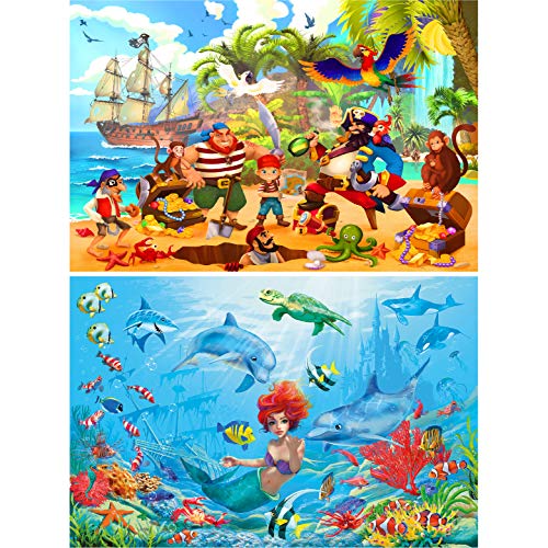 GREAT ART Set de 2 Posters XXL – Aventura Junto al mar - Piratas y Sirenas Mundo Submarino Caza del Tesoro Isla Barco Peces Animales decoración con Delfines (140 x 100 cm)